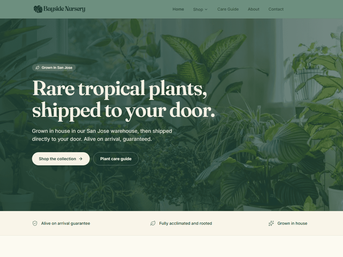 Bayside Nursery custom headless Shopify storefront homepage
